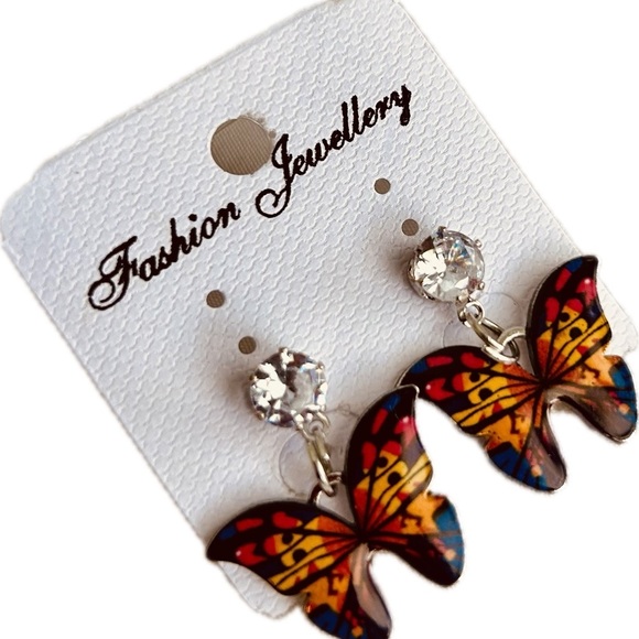 Cute Multicolor Resin Butterfly Rhinestone Enamel Fashion Dangle Earrings set - Picture 2 of 3